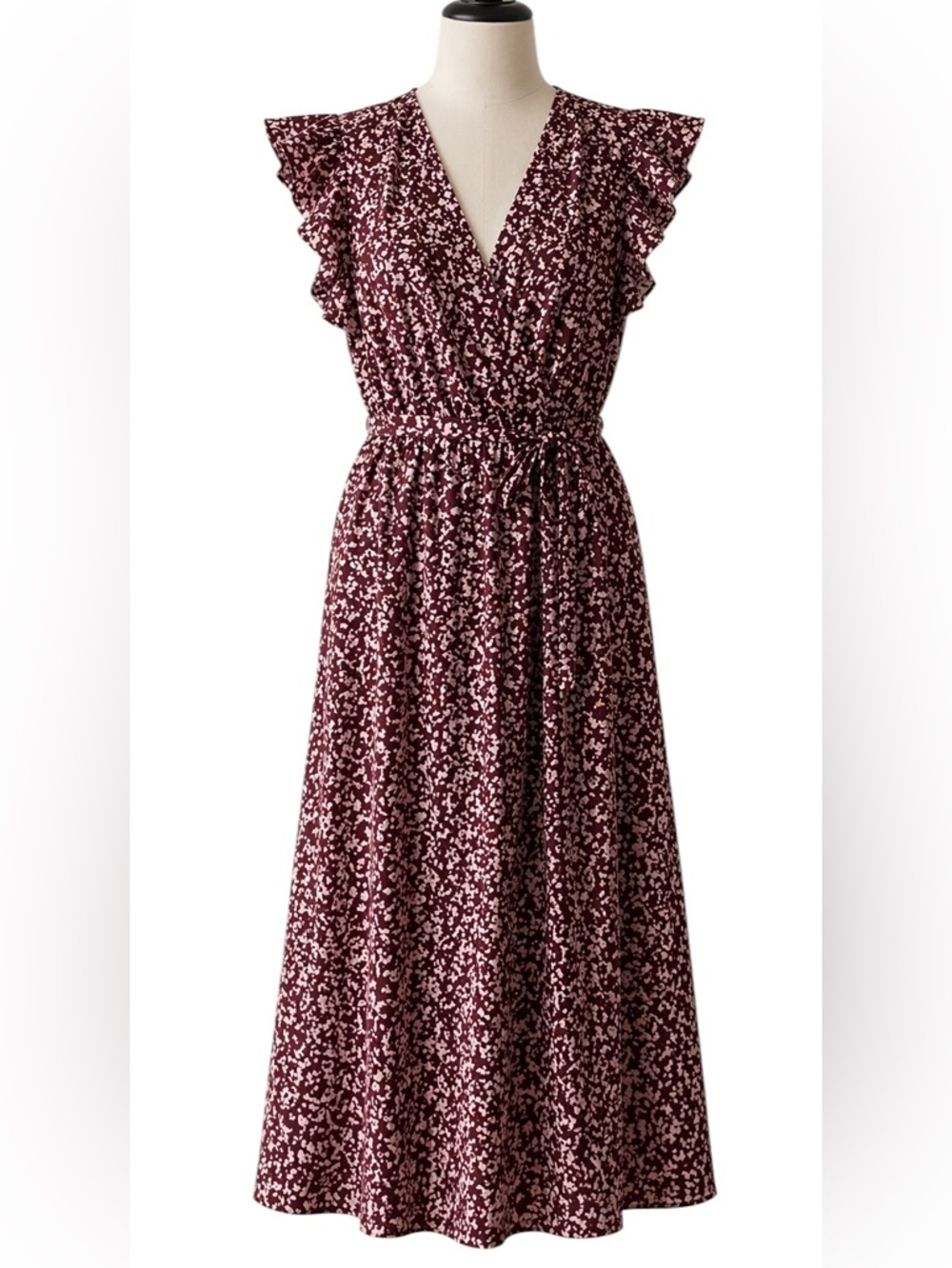 a new day Burgundy and Blush Floral Wrap Midi Dress